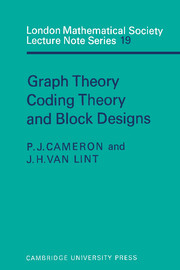 Graph Theory, Coding Theory and Block Designs: (Series Number 19 London Mathematical Society Lecture Note Series)