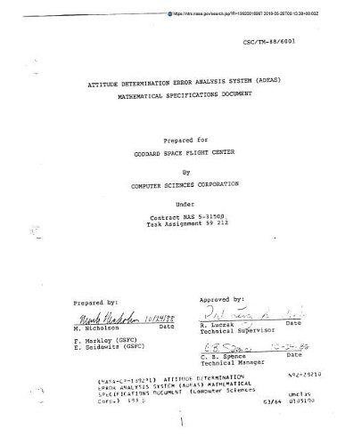 Attitude Determination Error Analysis System (Adeas) Mathematical Specifications Document
