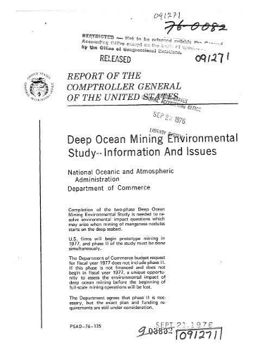 Deep Ocean Mining Environmental Study--Information and Issues