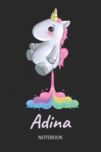 Adina - Notebook: Blank Ruled Personalized & Customized Name Rainbow Farting Unicorn School Notebook Journal for Girls & Women. Funny Unicorn Desk Accessories for Kin
