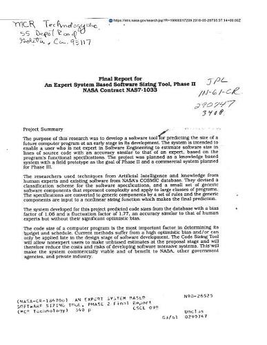 An Expert System Based Software Sizing Tool, Phase 2