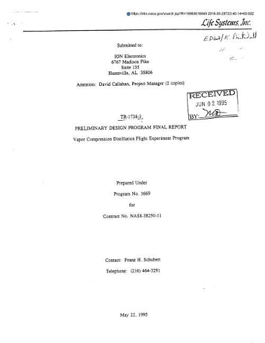 Preliminary Design Program: Vapor Compression Distillation Flight Experiment Program