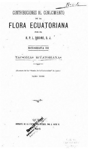 Contribuciones al conocimiento de la flora ecuatoriana - Tomo XVIII