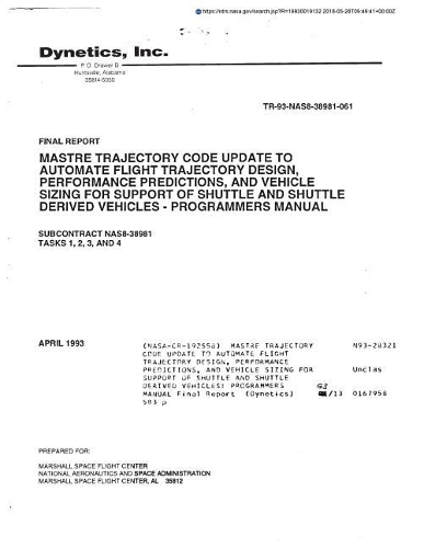Mastre Trajectory Code Update to Automate Flight Trajectory Design, Performance Predictions, and Vehicle Sizing for Support of Shuttle and Shuttle Derived Vehicles: Programmers Manual