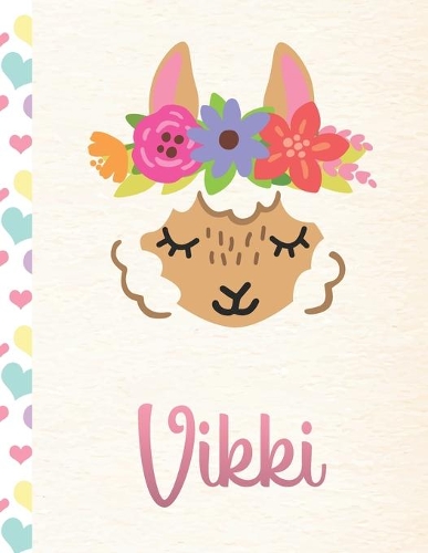Vikki: Personalized Llama Primary Handwriting Notebook For Girls With Pink Name - Dotted Midline Handwriting Practice Paper - Kindergarten to Early Childho