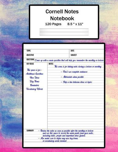 Cornell Notes Notebook: Note Taking System, For Students, Writers, Meetings, Lectures Large Size 8.5 x 11 (21.59 x 27.94 cm), Durable Matte Watercolor Chalk Cover Design, 1