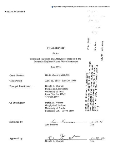 Continued Reduction and Analysis of Data from the Dynamics Explorer Plasma Wave Instrument