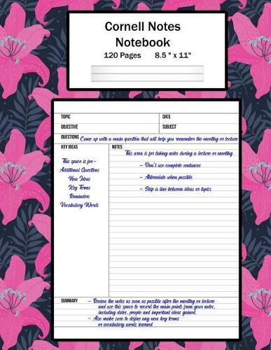 Cornell Notes Notebook: Note Taking System, For Students, Writers, Meetings, Lectures Large Size 8.5" x 11" (21.59 x 27.94 cm), Durable Matte Pink Tropical Flowers Cover De