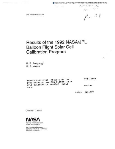 Results of the 1992 Nasa/Jpl Balloon Flight Solar Cell Calibration Program