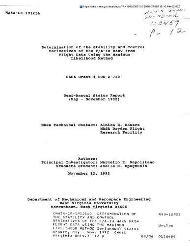 Determination of the Stability and Control Derivatives of the F/A-18 Harv from Flight Data Using the Maximum Likelihood Method