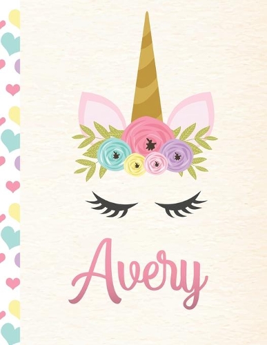 Avery: Personalized Unicorn Primary Handwriting Notebook For Girls With Pink Name - Dotted Midline Handwriting Practice Paper - Kindergarten to Early Child
