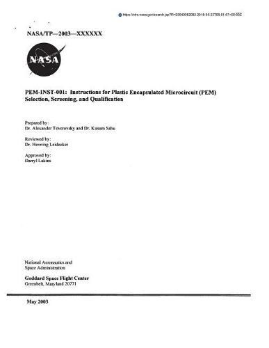 Pem-Inst-001: Instructions for Plastic Encapsulated Microcircuit (Pem) Selection, Screening, and Qualification