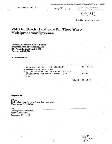 Vme Rollback Hardware for Time Warp Multiprocessor Systems