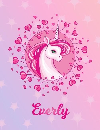 Everly: Unicorn Large Blank Primary Handwriting Learn to Write Practice Paper for Girls - Pink Purple Magical Horse Personalized Letter E Initial Custom Fir