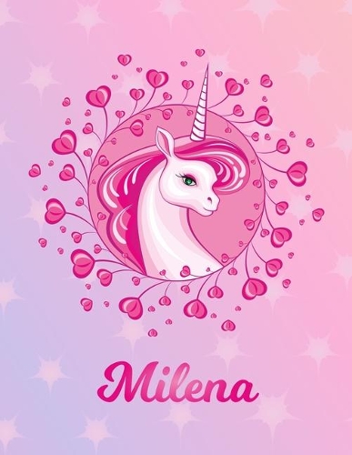 Milena: Unicorn Large Blank Primary Sketchbook Paper - Pink Purple Magical Horse Personalized Letter M Initial Custom First Name Cover - Drawing Sketch Book