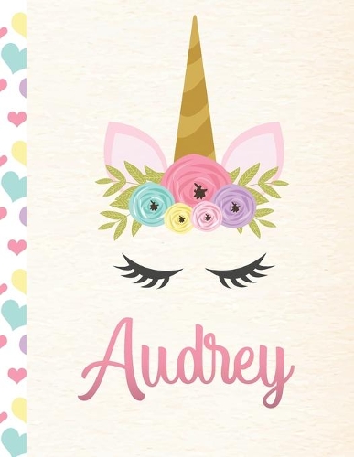 Audrey: Personalized Unicorn Primary Story Journal For Girls With Pink Name - Half Ruled Dotted Midline and Blank Picture Space - Kindergarten to Early Chil