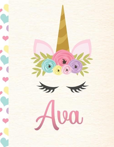 Ava: Personalized Unicorn Primary Story Journal For Girls With Pink Name - Half Ruled Dotted Midline and Blank Picture Space - Kindergarten to Early Chil