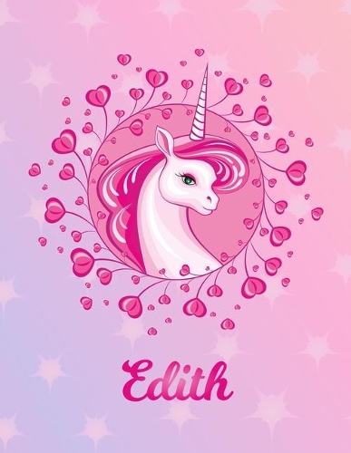 Edith: Unicorn Large Blank Primary Handwriting Learn to Write Practice Paper for Girls - Pink Purple Magical Horse Personalized Letter E Initial Custom Fir