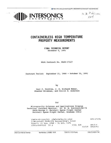 Containerless High Temperature Property Measurements