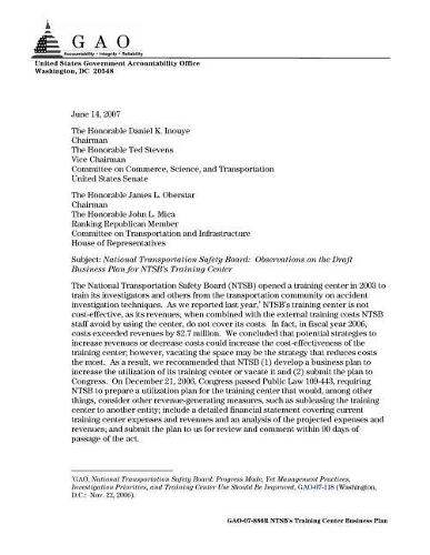 National Transportation Safety Board: Observations on the Draft Business Plan for Ntsb's Training Center