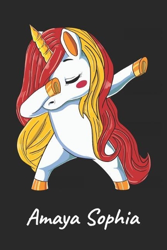 Amaya Sophia: Cuaderno de notas blanko para niña y mujer con nombre personalizado y diseño de kawaii cuaderno unicornio bailarin con pelo en los colores de la ban