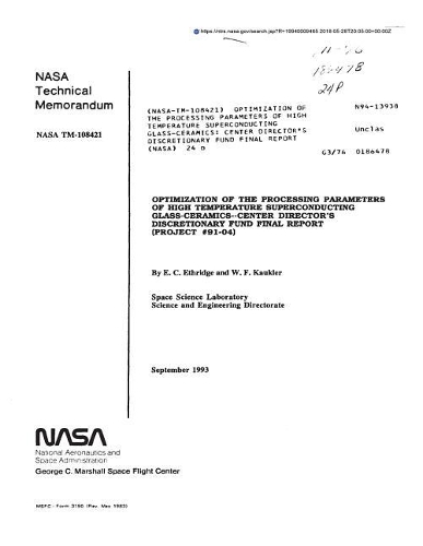 Optimization of the Processing Parameters of High Temperature Superconducting Glass-Ceramics: Center Director's Discretionary Fund Final Report