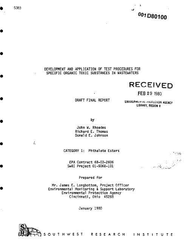Development and Application of Test Procedures for Specific Organic Toxic Substances in Wastewaters Draft Final Report