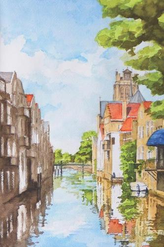 Notebook: Pretty Handmade Watercolor Painting of Picturesque Canal in Dordrecht, The Netherlands Beautiful College Ruled Composition Journal to Write in Artis