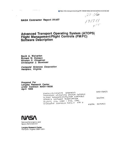 Advanced Transport Operating System (Atops) Flight Management/Flight Controls (Fm/Fc) Software Description