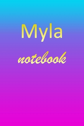 Myla: Blank Notebook - Wide Ruled Lined Paper Notepad - Writing Pad Practice Journal - Custom Personalized First Name Initial M Blue Purple Gold - Taking 