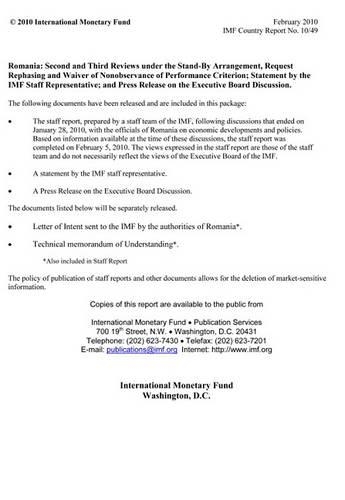 Romania: Second and Third Reviews Under the Stand-By Arrangement, Request Rephasing and Waiver of Nonobservance of Performance Criterion; Statement by the IM
